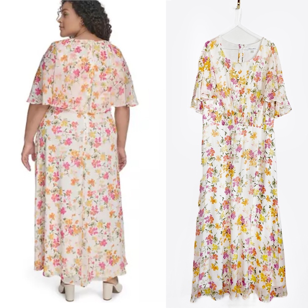 Calvin Klein Floral Capelet Short Sleeve Chiffon Maxi Dress Flowy size 14W